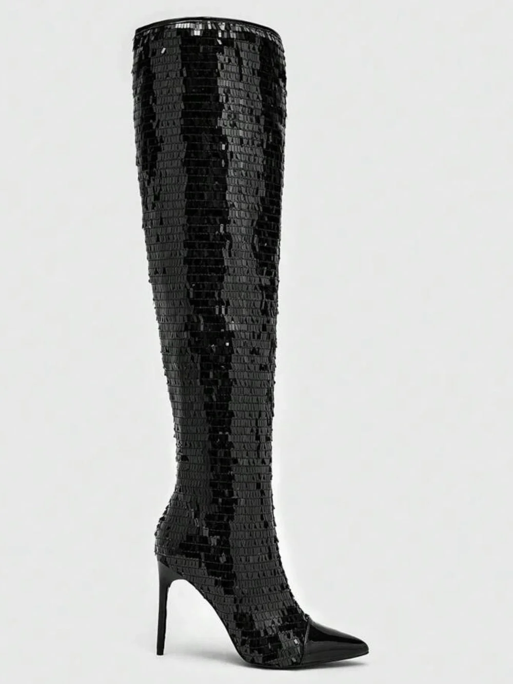 Black Sequins Knee-High Stiletto Heel Boot